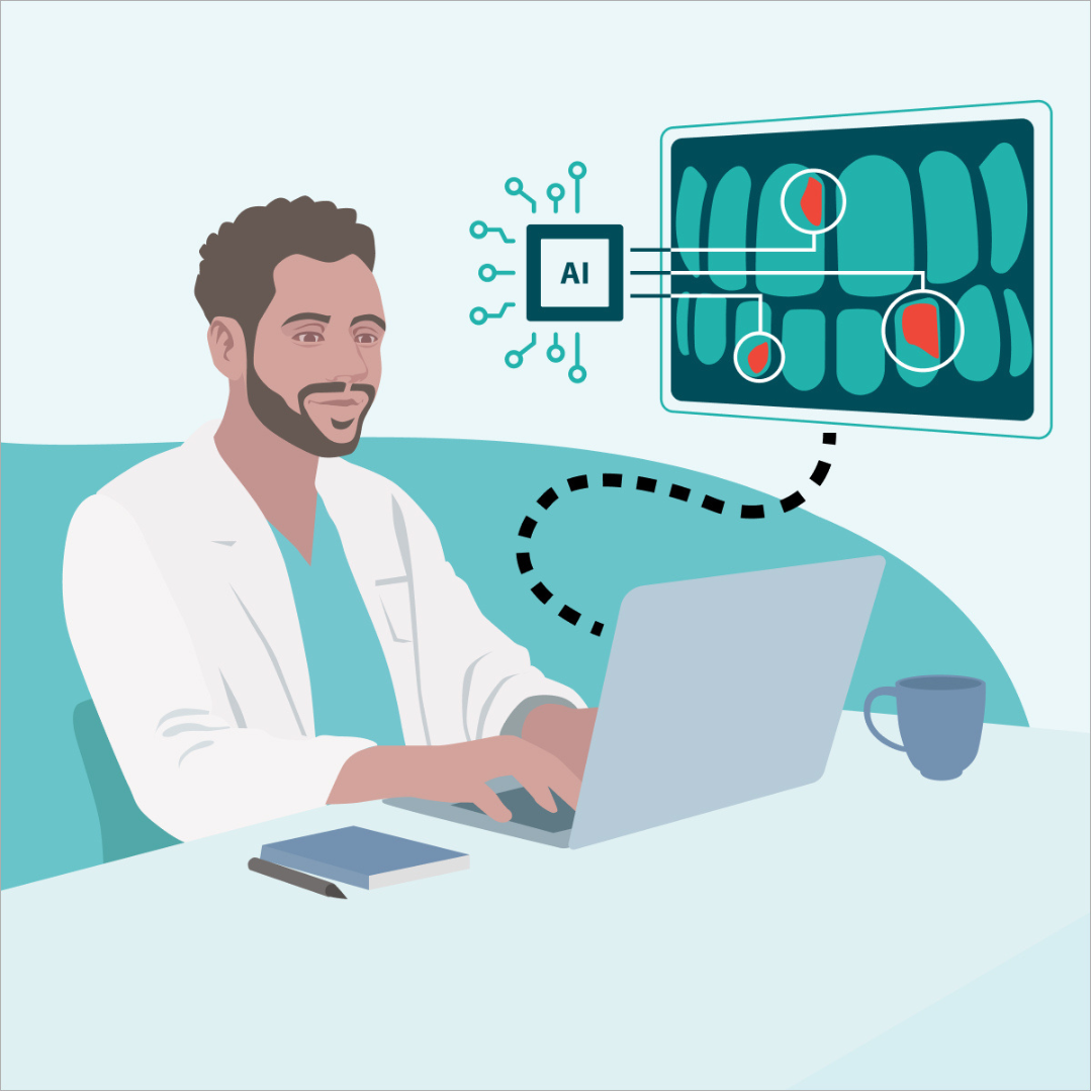 A clinician using a computer with a dotted line leading to an image of a AI software 